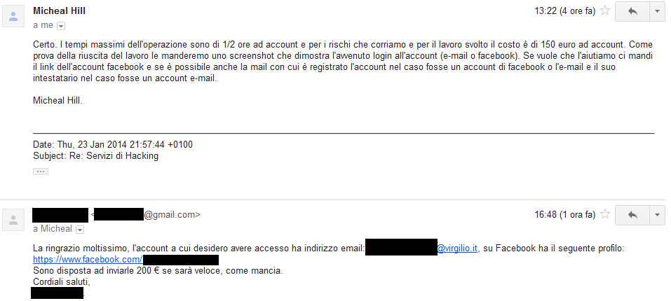 Scambio email richiesta hacking