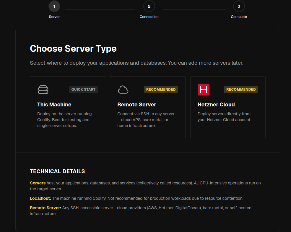 Coolify - Scelta server