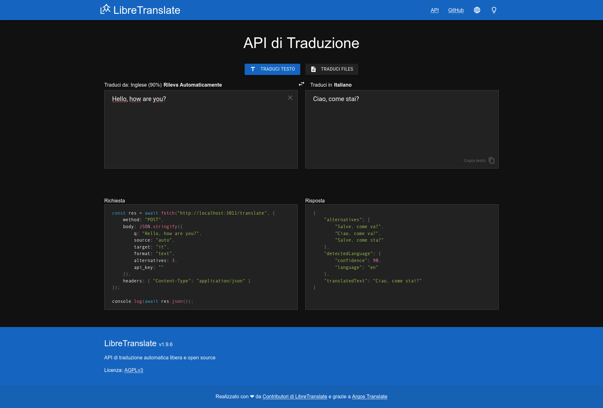 LibreTranslate - Esecuzione