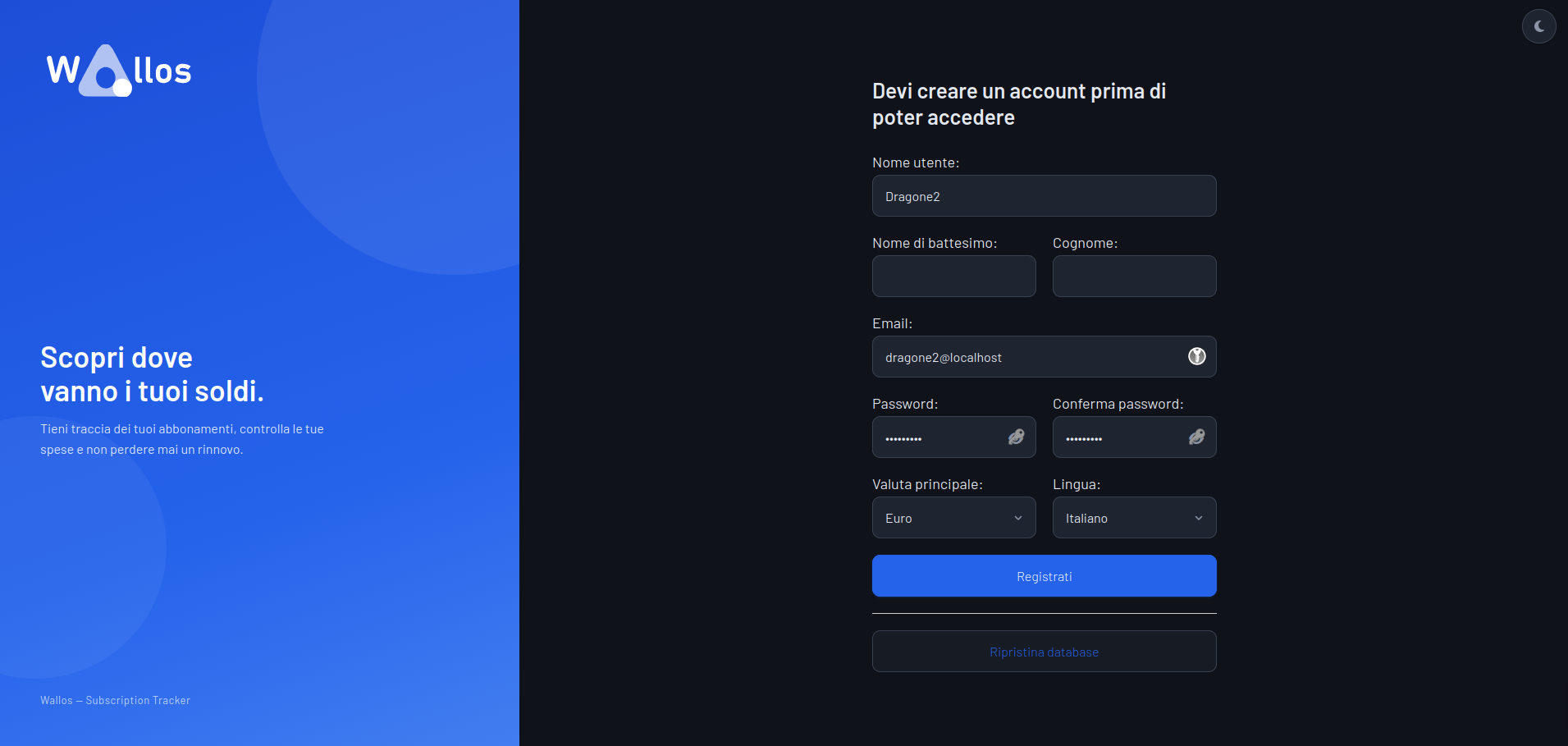 Wallos - Registrazione account